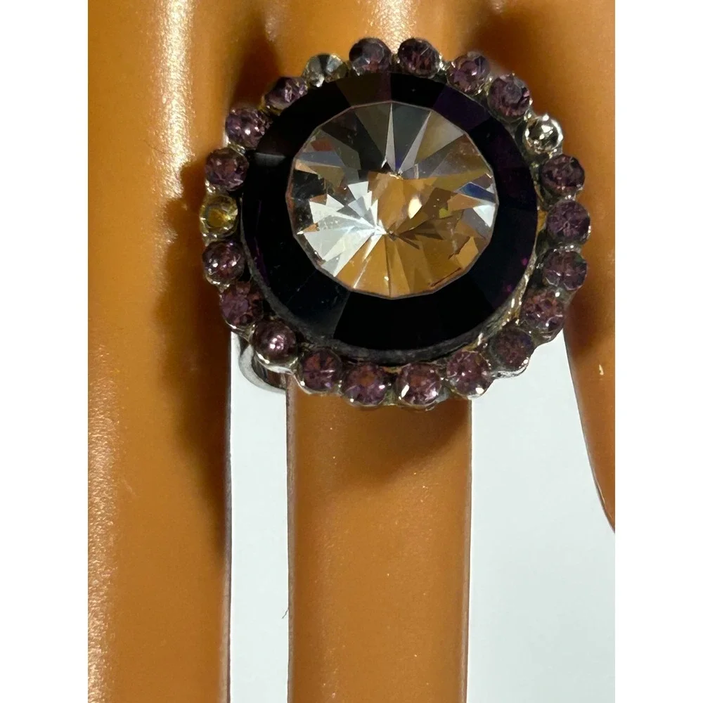 Vintage Y2K Glam Purple Rhinestone Cocktail Ring Adjustable Silver Tone Goth‎